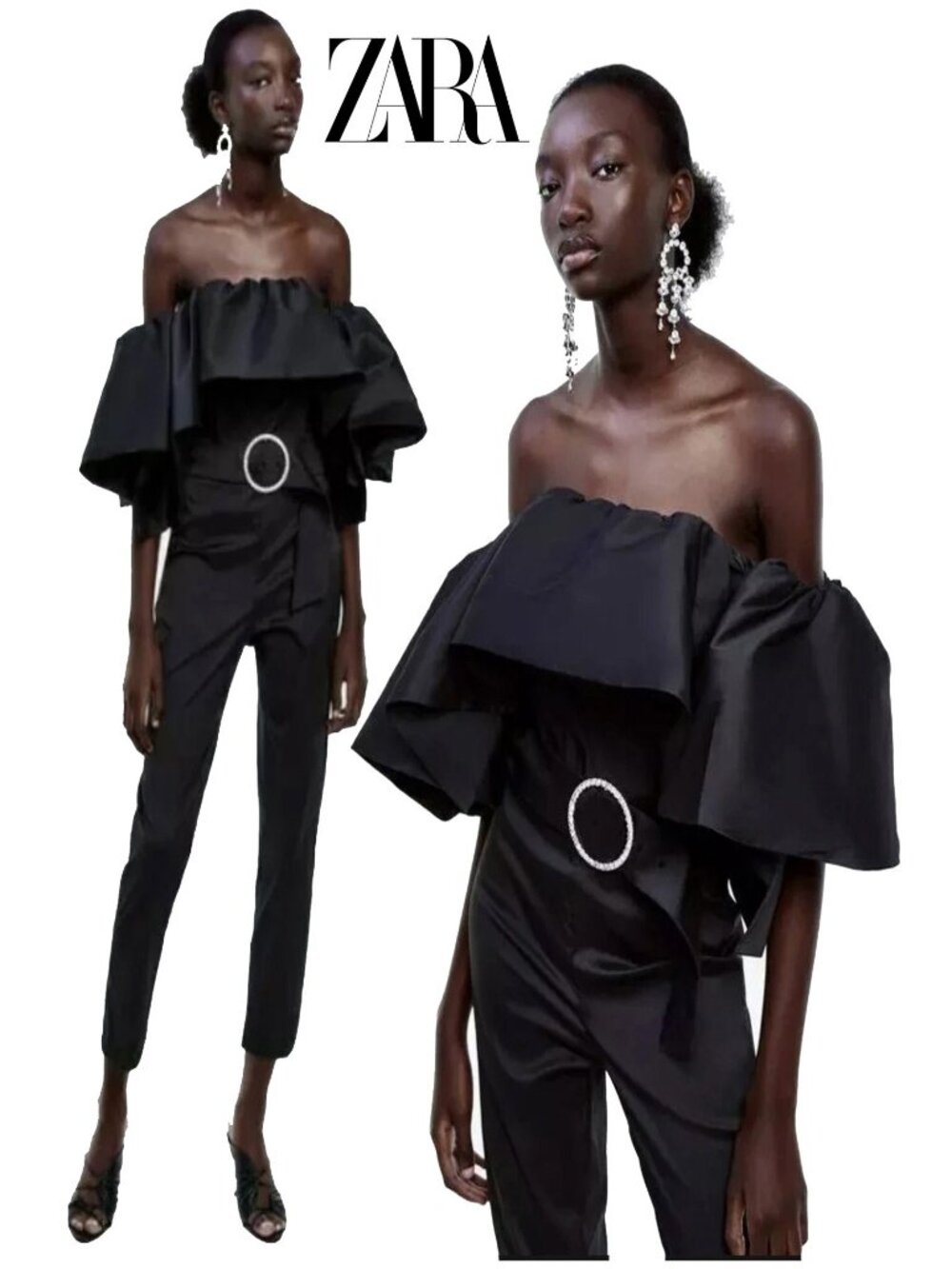 💥BOMBSHELL!💥Avant Garde Limited Edition Ruffled Shoulder Crystal Belt Jumpsuit